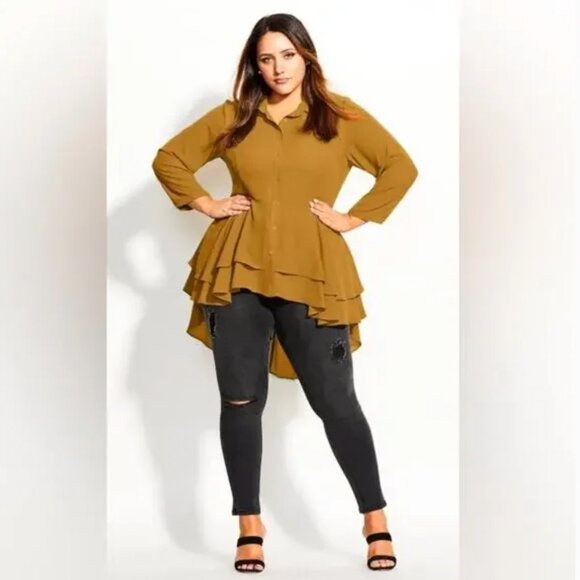 City Chic Hi Lo Long Sleeve Shirt - Caramel Brown size M/18 - Picture 1 of 4